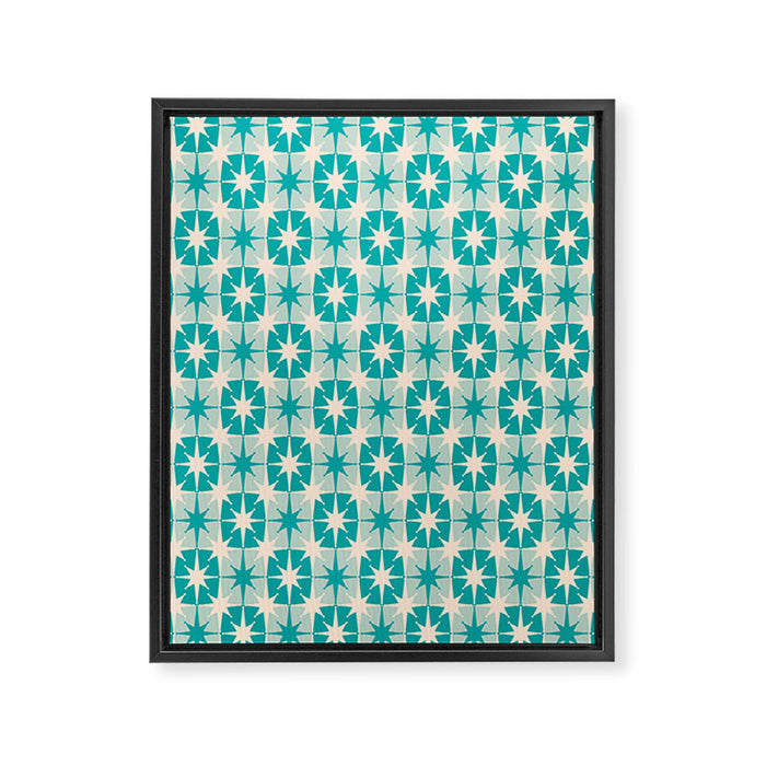 Mid Century Modern Atomic Stars Retro Checkered Starburst Pattern Turquoise Aqua Teal Framed Canvas Print Gallery Image 1
