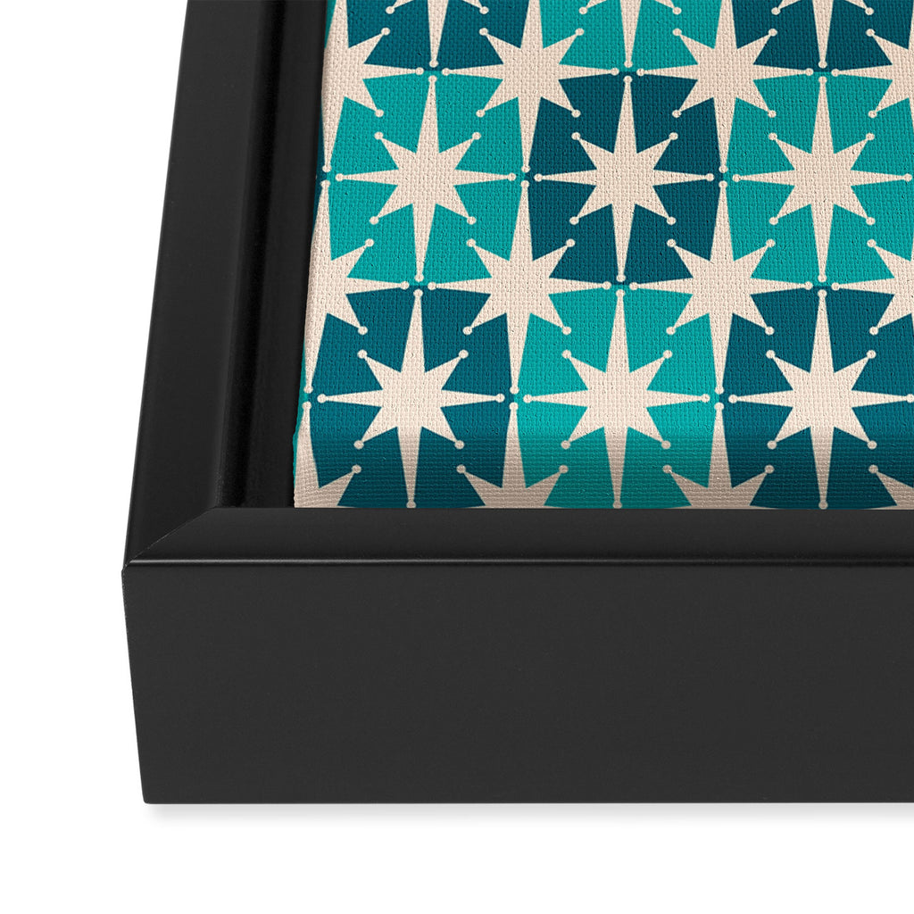 Mid Century Modern Atomic Stars Retro Checkered Starbursts Teal Blue and Cream Pattern Framed Canvas Print Gallery Image 3