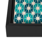 Mid Century Modern Atomic Stars Retro Checkered Starbursts Teal Blue and Cream Pattern Framed Canvas Print Gallery Image 3