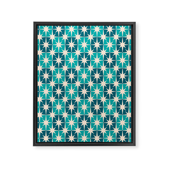 Mid Century Modern Atomic Stars Retro Checkered Starbursts Teal Blue and Cream Pattern Framed Canvas Print Gallery Image 1