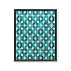 Mid Century Modern Atomic Stars Retro Checkered Starbursts Teal Blue and Cream Pattern Framed Canvas Print Gallery Image 6