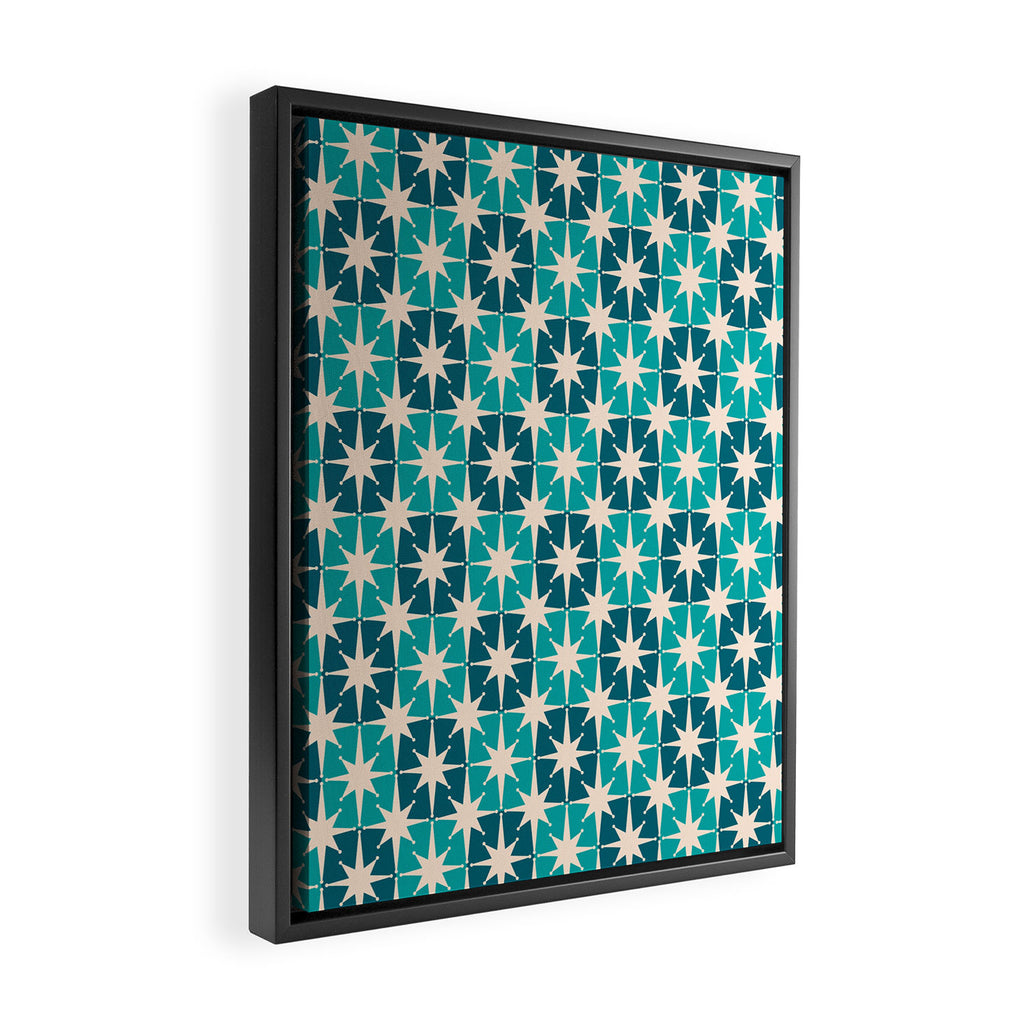 Mid Century Modern Atomic Stars Retro Checkered Starbursts Teal Blue and Cream Pattern Framed Canvas Print Gallery Image 2