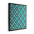 Mid Century Modern Atomic Stars Retro Checkered Starbursts Teal Blue and Cream Pattern Framed Canvas Print Gallery Image 2