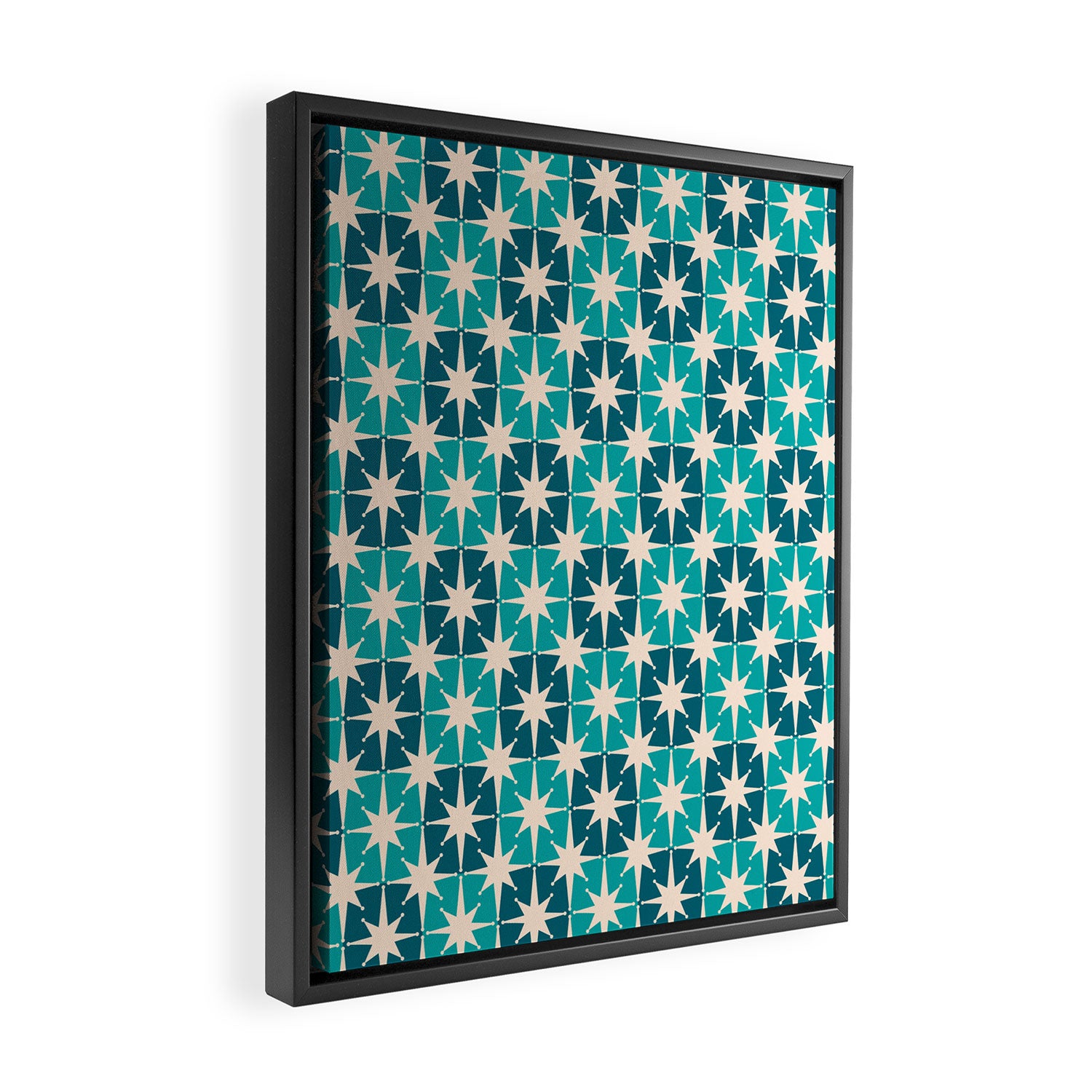 Mid Century Modern Atomic Stars Retro Checkered Starbursts Teal Blue and Cream Pattern Framed Canvas Print Gallery Image 2