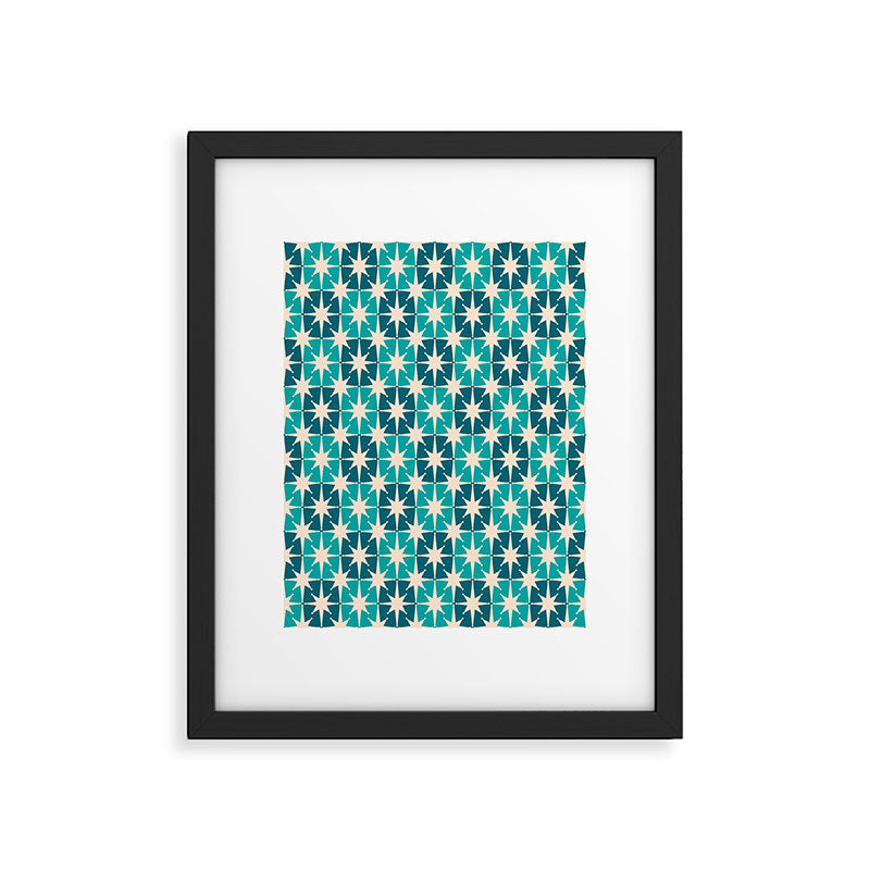 Mid Century Modern Atomic Stars Retro Checkered Starbursts Teal Blue and Cream Pattern Framed Art Print Gallery Image 5