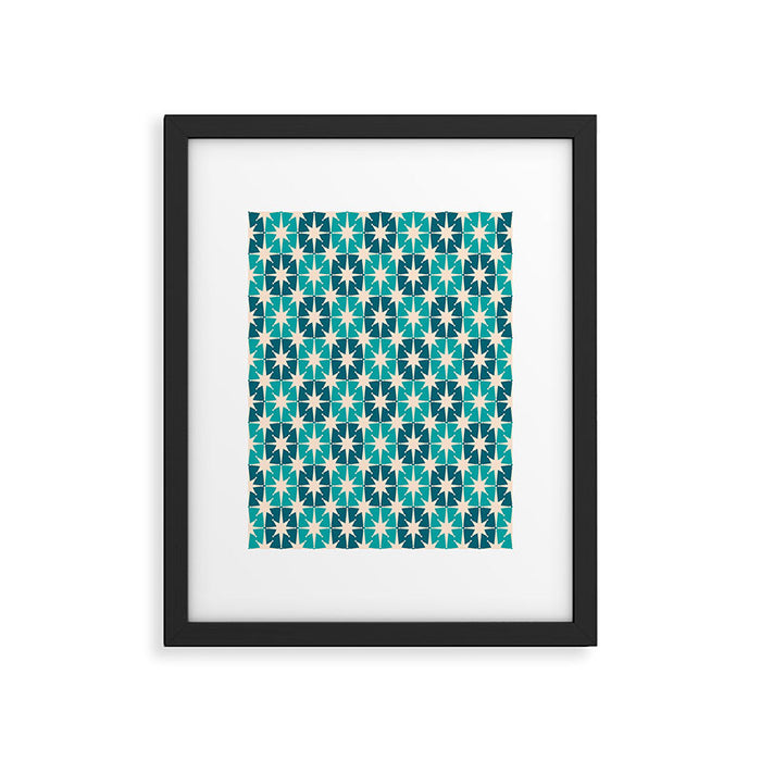 Mid Century Modern Atomic Stars Retro Checkered Starbursts Teal Blue and Cream Pattern Framed Art Print Gallery Image 1