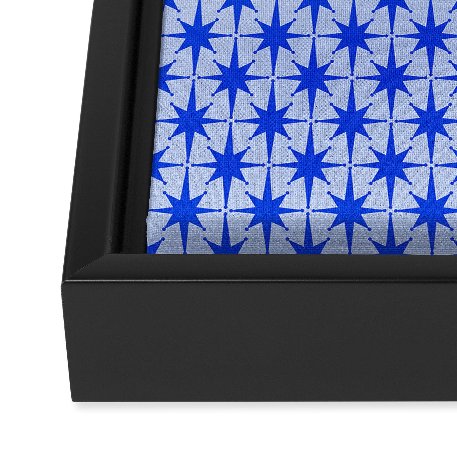 Mid Century Modern Atomic Stars Retro Starburst Pattern 2 in Royal Blue and Light Blue Framed Canvas Print Gallery Image 3