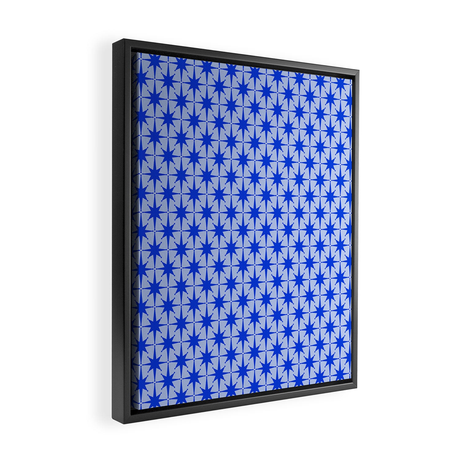 Mid Century Modern Atomic Stars Retro Starburst Pattern 2 in Royal Blue and Light Blue Framed Canvas Print Gallery Image 2