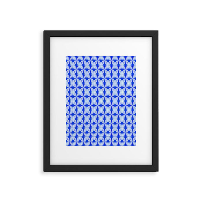 Mid Century Modern Atomic Stars Retro Starburst Pattern 2 in Royal Blue and Light Blue Framed Art Print Gallery Image 1