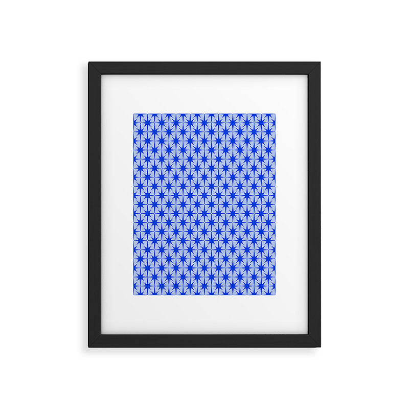 Mid Century Modern Atomic Stars Retro Starburst Pattern 2 in Royal Blue and Light Blue Framed Art Print Gallery Image 5
