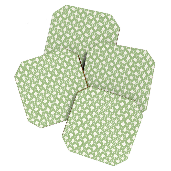 Mid Century Modern Atomic Stars Retro Starburst Pattern in Light Sage Green and Cream Coaster Gallery Image 1
