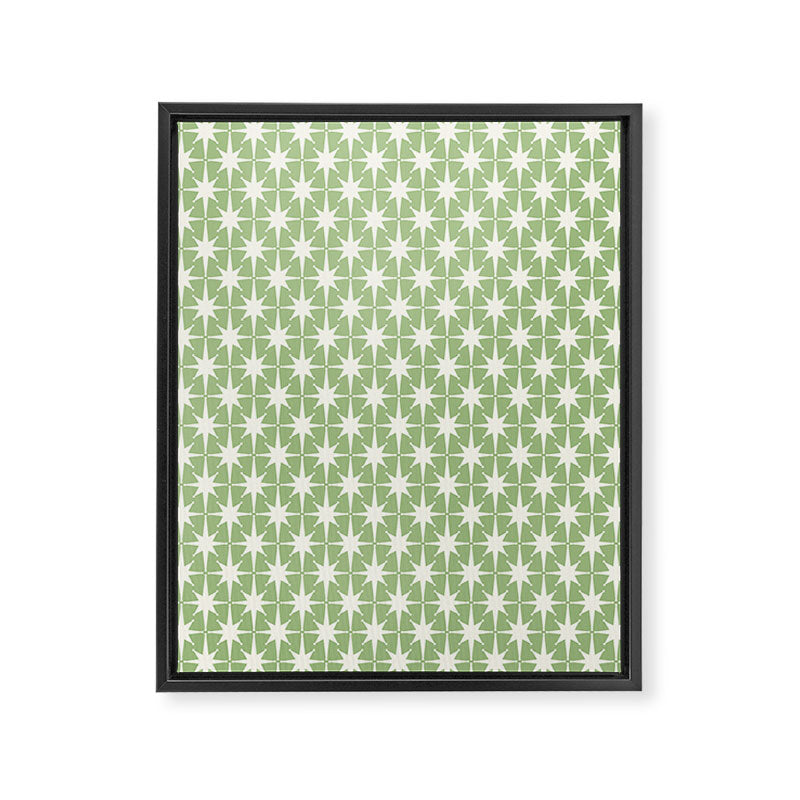 Mid Century Modern Atomic Stars Retro Starburst Pattern in Light Sage Green and Cream Framed Canvas Print Gallery Image 6