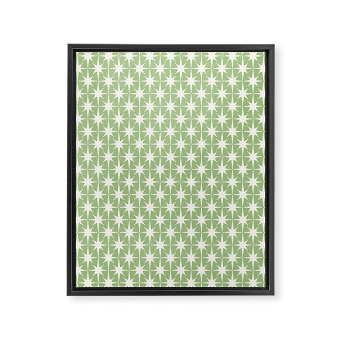 Mid Century Modern Atomic Stars Retro Starburst Pattern in Light Sage Green and Cream Framed Canvas Print Gallery Image 1
