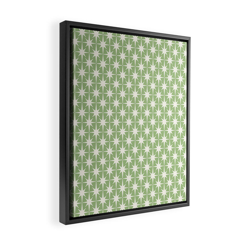 Mid Century Modern Atomic Stars Retro Starburst Pattern in Light Sage Green and Cream Framed Canvas Print Gallery Image 2