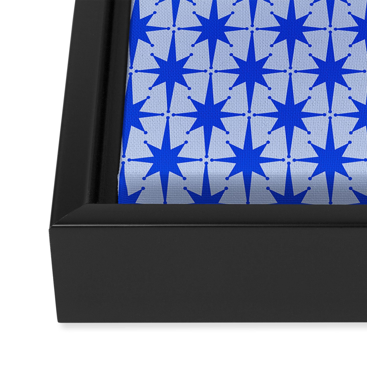 Mid Century Modern Atomic Stars Retro Starburst Pattern in Royal Blue and Light Blue Framed Canvas Print Gallery Image 3