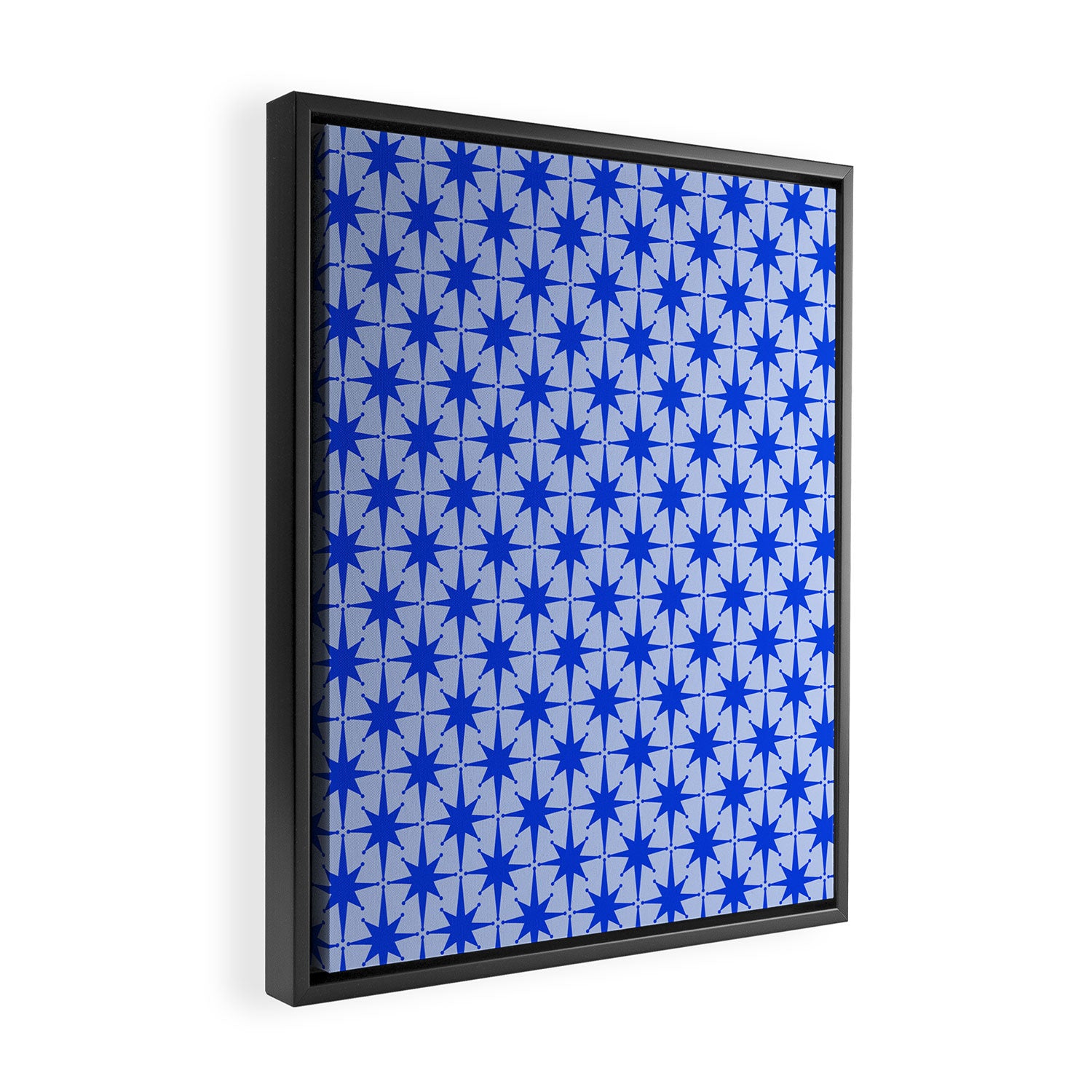 Mid Century Modern Atomic Stars Retro Starburst Pattern in Royal Blue and Light Blue Framed Canvas Print Gallery Image 2