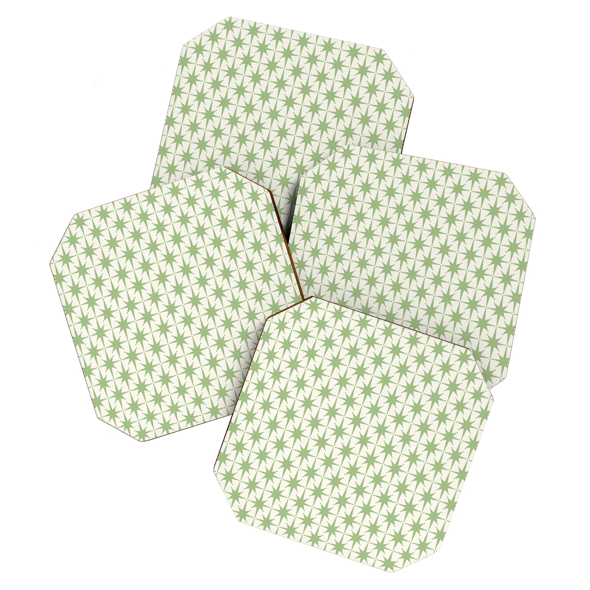 Mid Century Modern Atomic Stars Retro Starbursts Light Sage Green and Cream Pattern Coaster Gallery Image 1