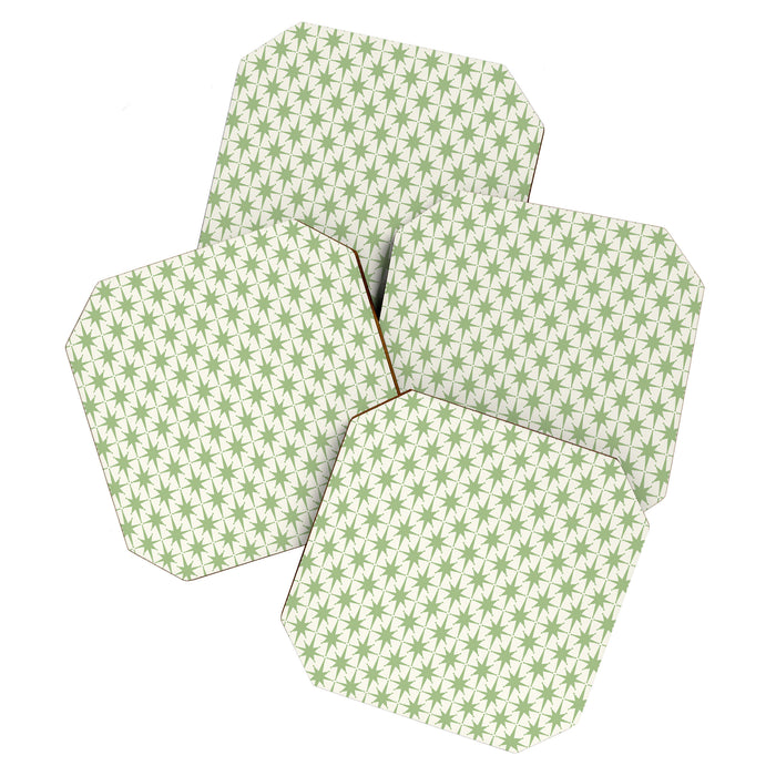 Mid Century Modern Atomic Stars Retro Starbursts Light Sage Green and Cream Pattern Coaster Gallery Image 1