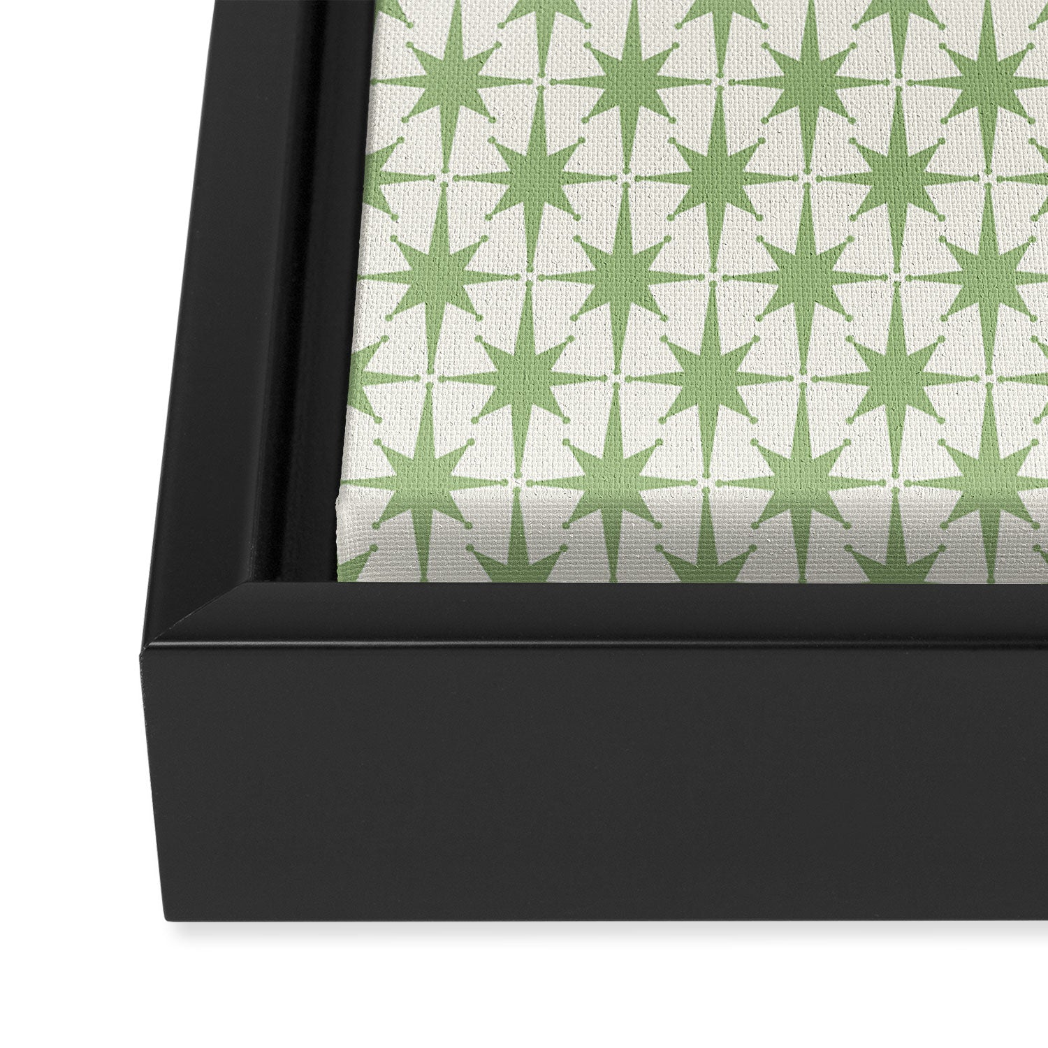 Mid Century Modern Atomic Stars Retro Starbursts Light Sage Green and Cream Pattern Framed Canvas Print Gallery Image 3