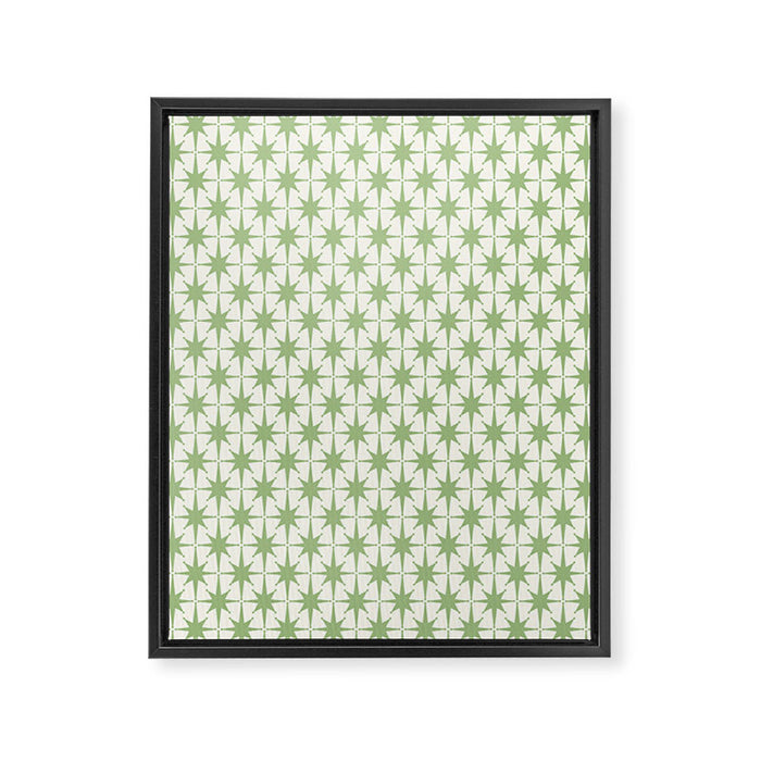 Mid Century Modern Atomic Stars Retro Starbursts Light Sage Green and Cream Pattern Framed Canvas Print Gallery Image 1