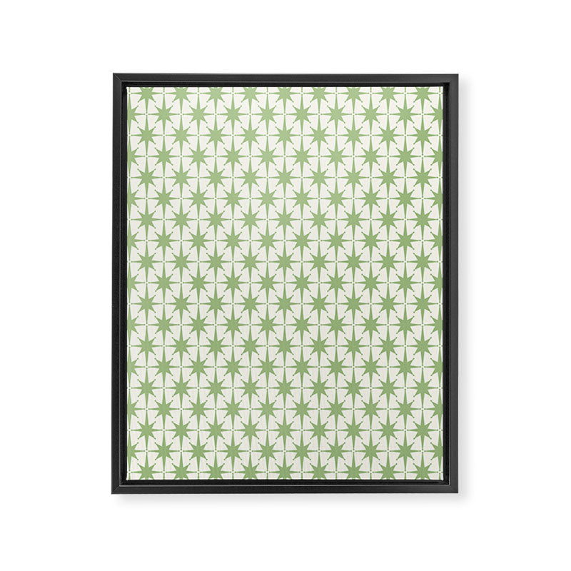 Mid Century Modern Atomic Stars Retro Starbursts Light Sage Green and Cream Pattern Framed Canvas Print Gallery Image 6