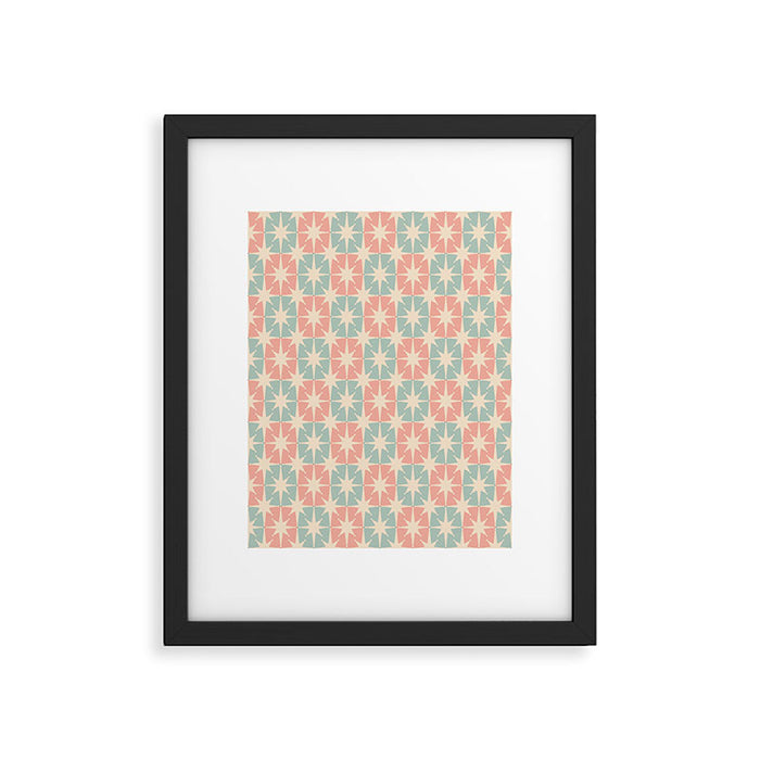 Mid Century Modern Atomic Stars Soft Pastel Teal Blush Retro Checkered Starburst Pattern Framed Art Print Gallery Image 1