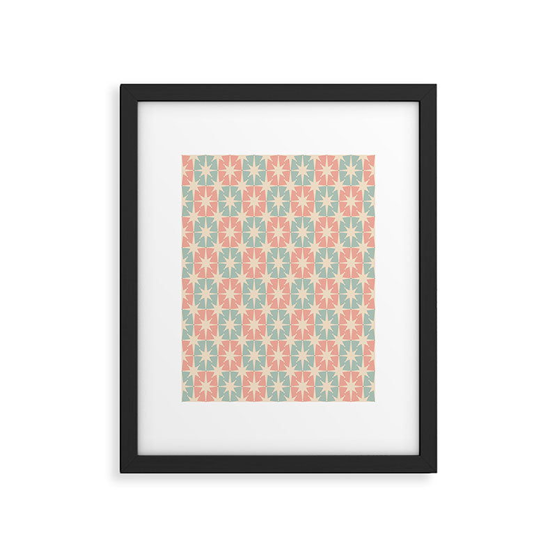 Mid Century Modern Atomic Stars Soft Pastel Teal Blush Retro Checkered Starburst Pattern Framed Art Print Gallery Image 5