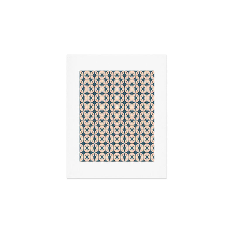 Mid Century Modern Atomic Stars Steel Teal Blue and Pale Blush Pink Pattern Art Print Gallery Image 1