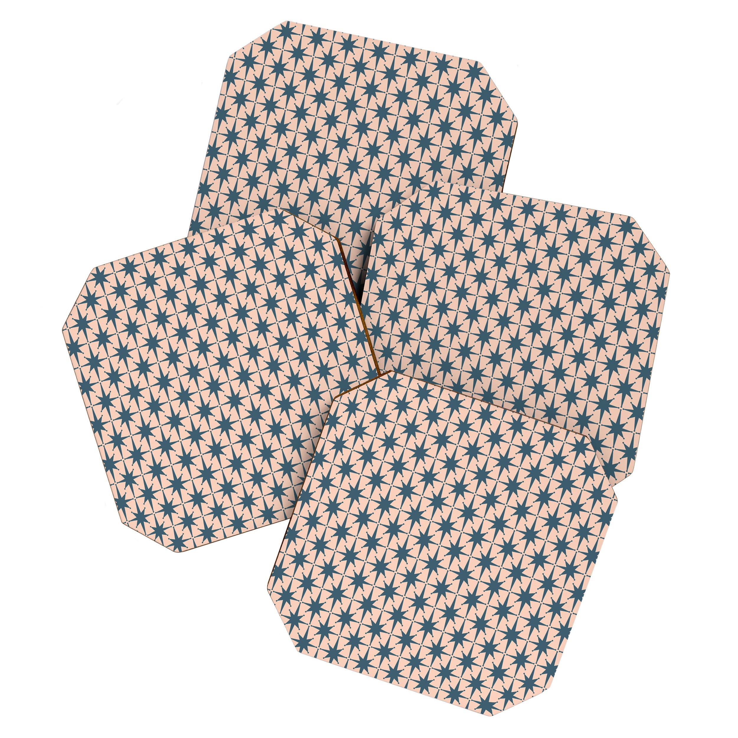 Mid Century Modern Atomic Stars Steel Teal Blue and Pale Blush Pink Pattern Coaster Gallery Image 1