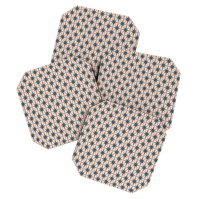 Mid Century Modern Atomic Stars Steel Teal Blue and Pale Blush Pink Pattern Coaster Gallery Image 1
