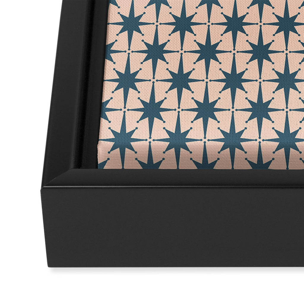 Mid Century Modern Atomic Stars Steel Teal Blue and Pale Blush Pink Pattern Framed Canvas Print Gallery Image 3