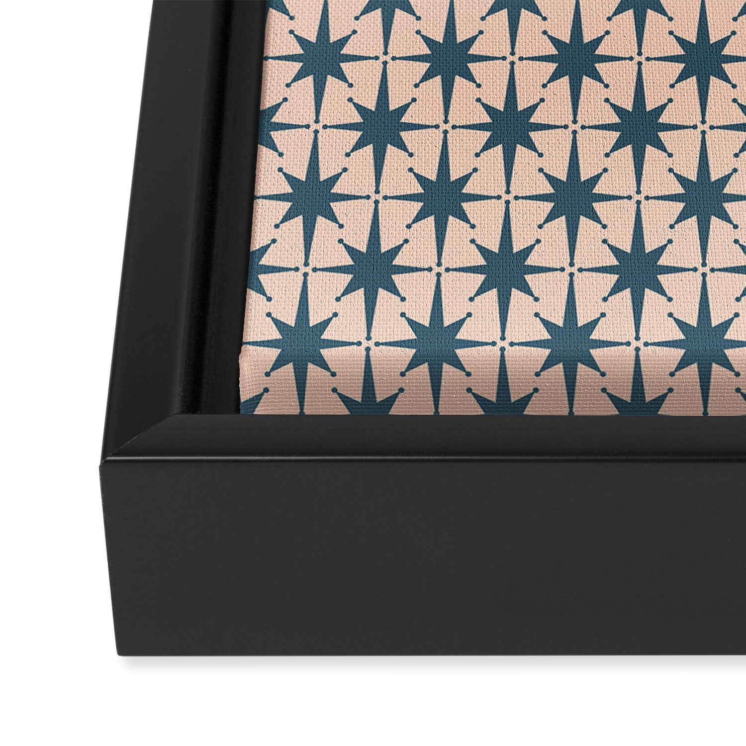 Mid Century Modern Atomic Stars Steel Teal Blue and Pale Blush Pink Pattern Framed Canvas Print Gallery Image 3