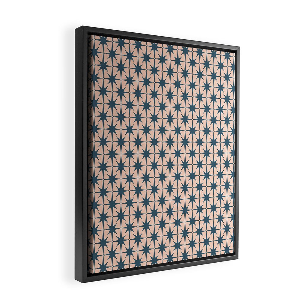 Mid Century Modern Atomic Stars Steel Teal Blue and Pale Blush Pink Pattern Framed Canvas Print Gallery Image 2