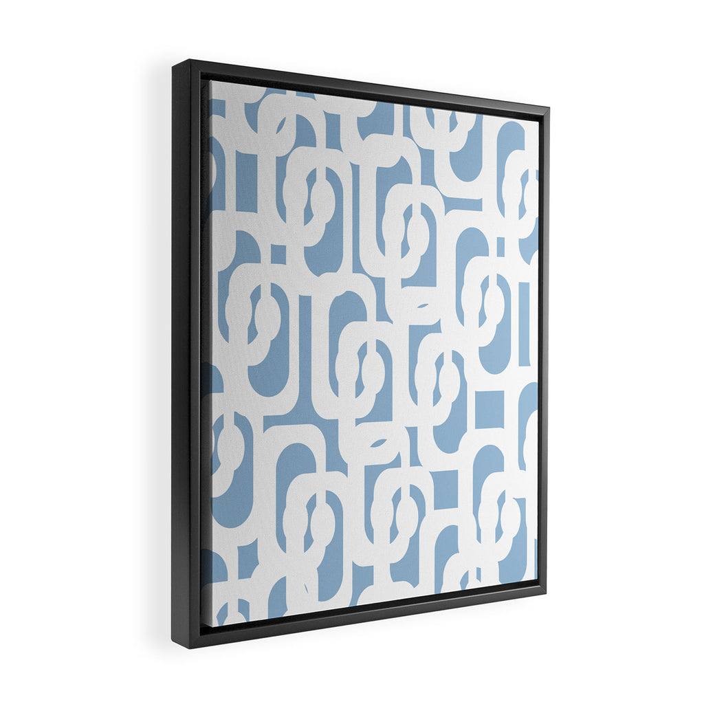 Mid Century Modern Baby Blue and White Abstract Loops Pattern Framed Canvas Print Gallery Image 2