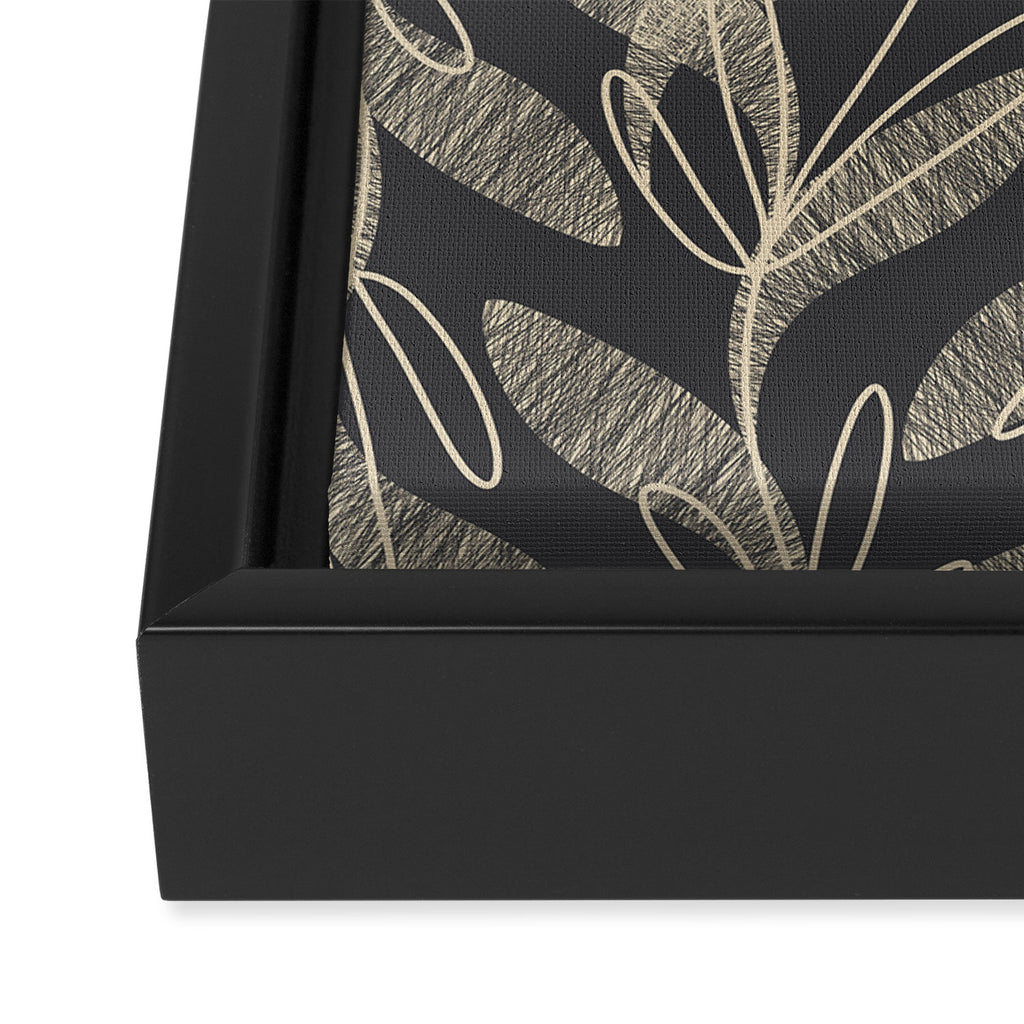 Mid Century Modern Botanical Pattern in Beige and Charcoal Gray Framed Canvas Print Gallery Image 3