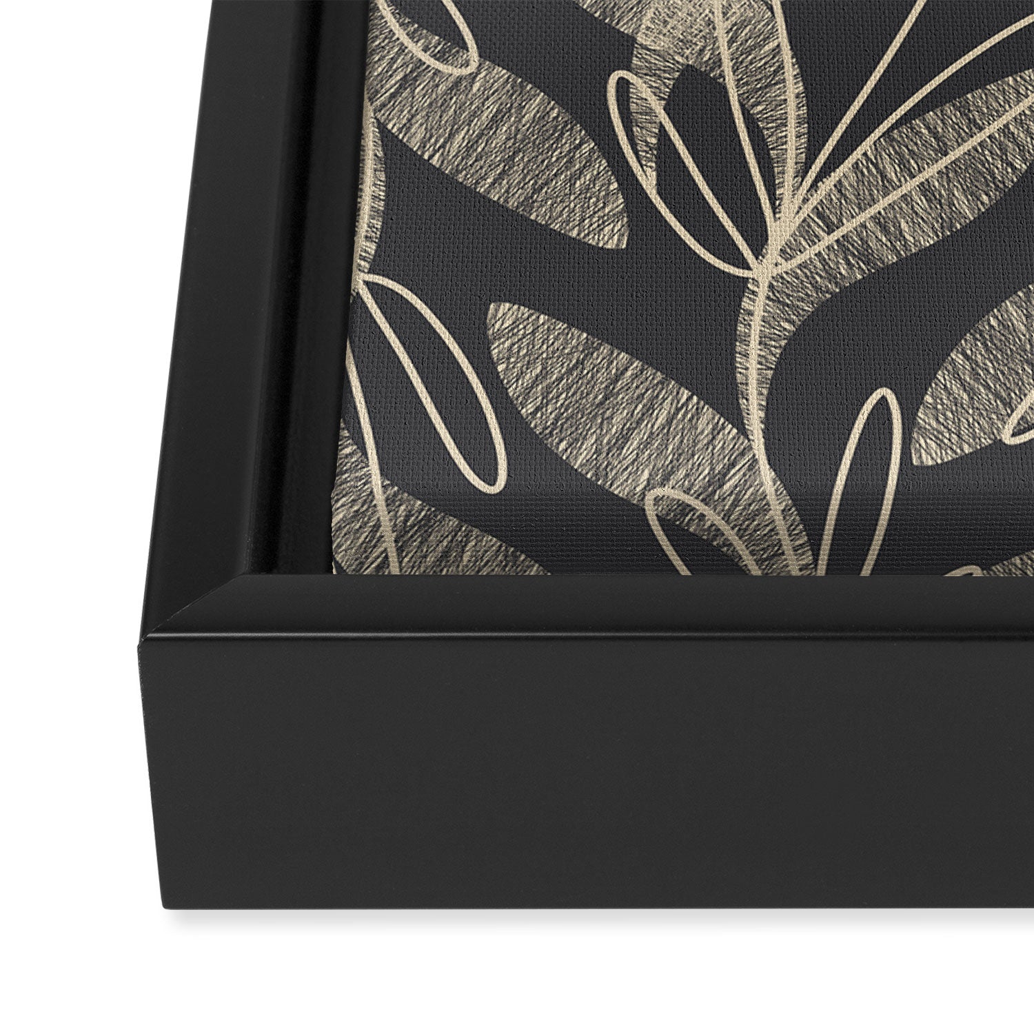 Mid Century Modern Botanical Pattern in Beige and Charcoal Gray Framed Canvas Print Gallery Image 3