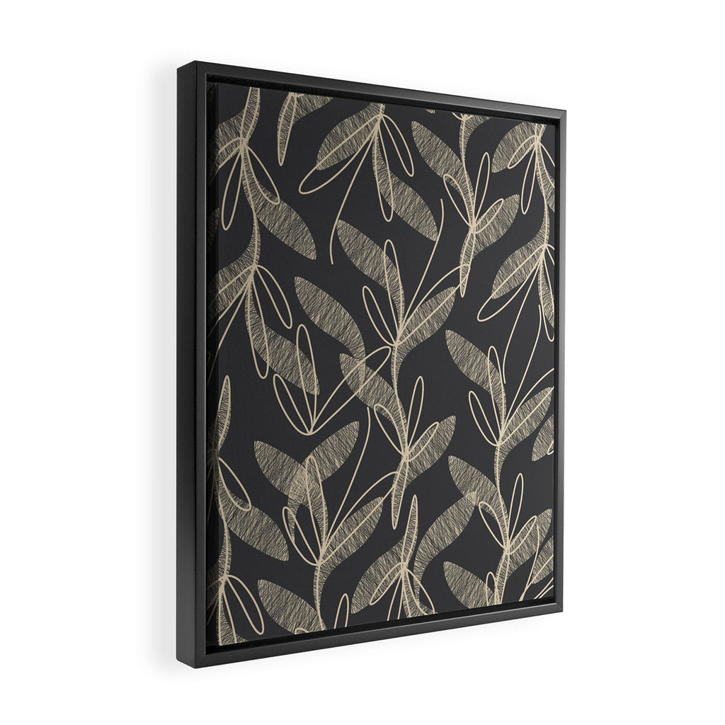 Mid Century Modern Botanical Pattern in Beige and Charcoal Gray Framed Canvas Print Gallery Image 2