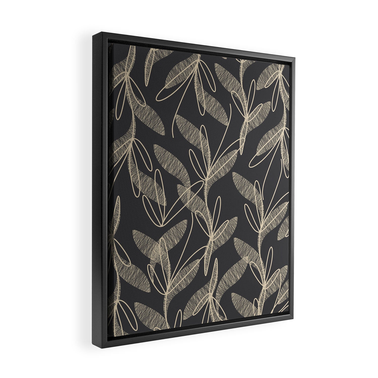 Mid Century Modern Botanical Pattern in Beige and Charcoal Gray Framed Canvas Print Gallery Image 2