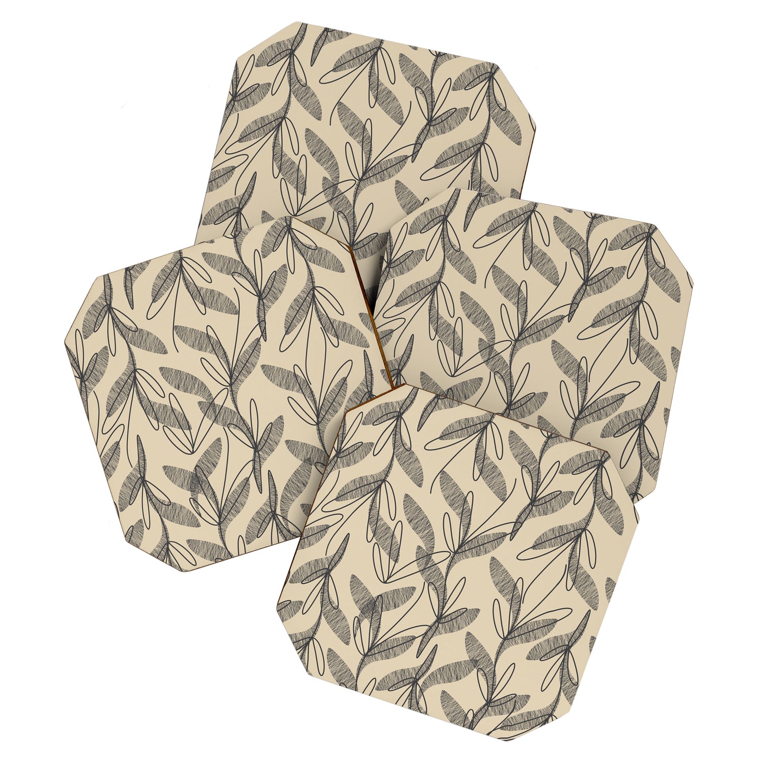 Mid Century Modern Botanical Pattern in Charcoal Gray and Beige Coaster Gallery Image 1
