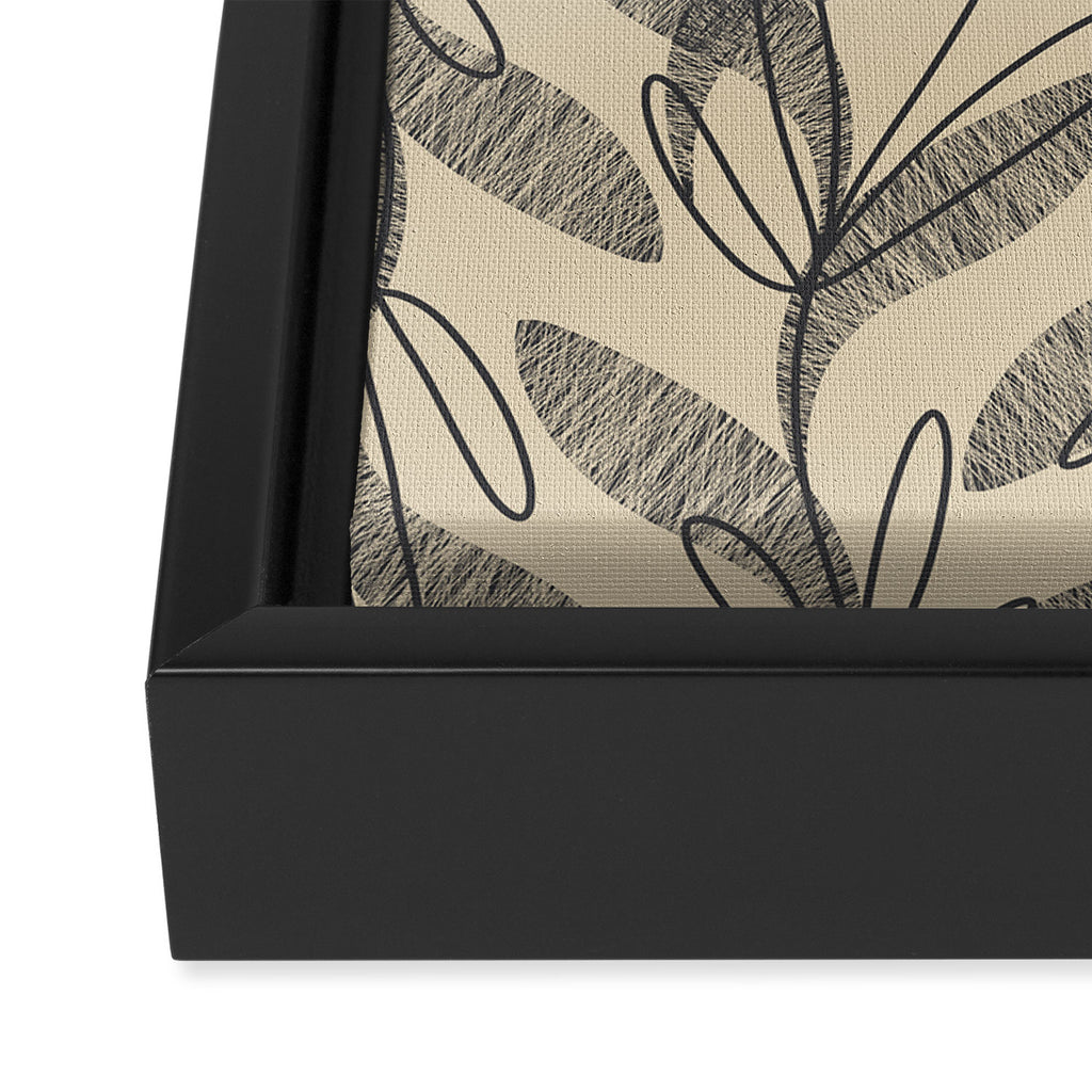 Mid Century Modern Botanical Pattern in Charcoal Gray and Beige Framed Canvas Print Gallery Image 3