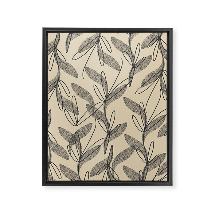 Mid Century Modern Botanical Pattern in Charcoal Gray and Beige Framed Canvas Print Gallery Image 1