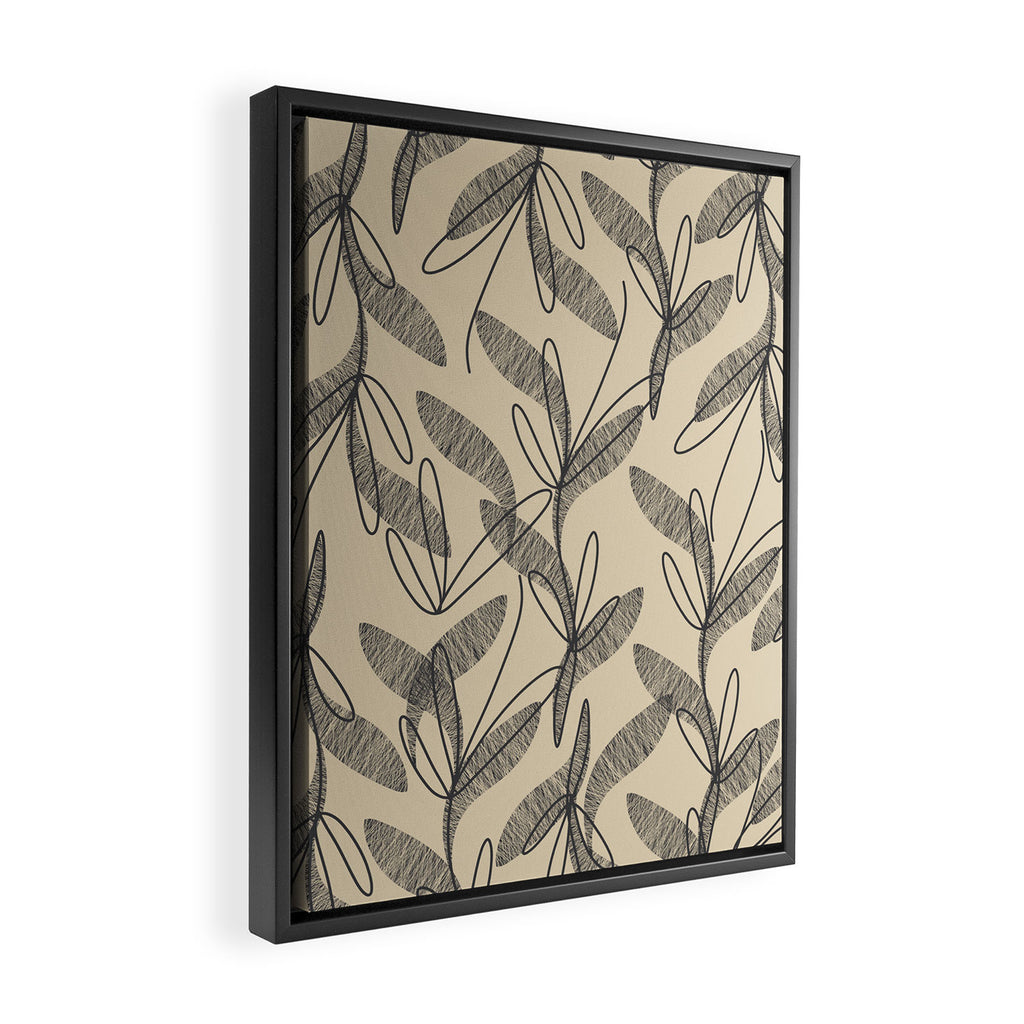 Mid Century Modern Botanical Pattern in Charcoal Gray and Beige Framed Canvas Print Gallery Image 2