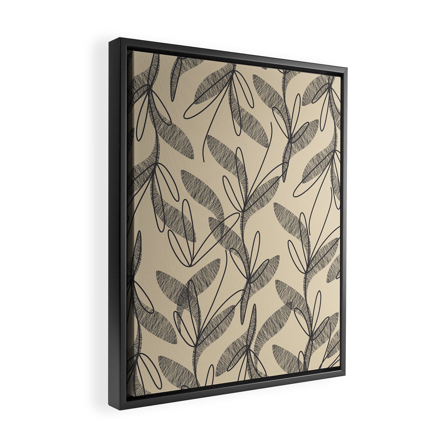 Mid Century Modern Botanical Pattern in Charcoal Gray and Beige Framed Canvas Print Gallery Image 2