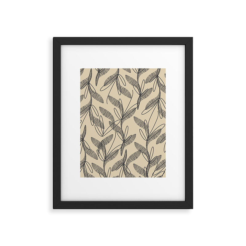 Mid Century Modern Botanical Pattern in Charcoal Gray and Beige Framed Art Print Gallery Image 6