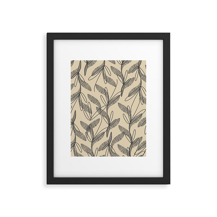 Mid Century Modern Botanical Pattern in Charcoal Gray and Beige Framed Art Print Gallery Image 1