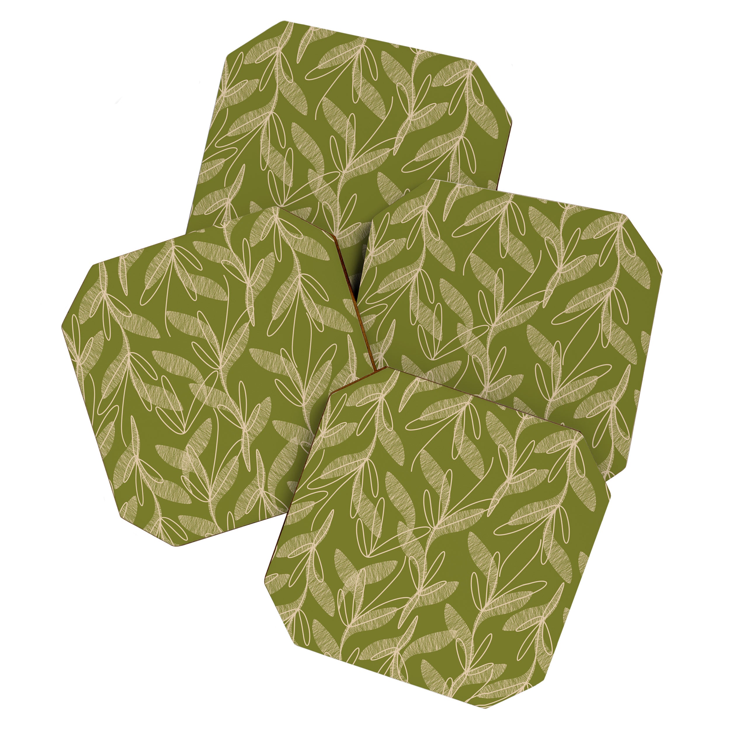 Mid Century Modern Botanical Pattern in Mid Mod Beige and Olive Green Coaster Gallery Image 1