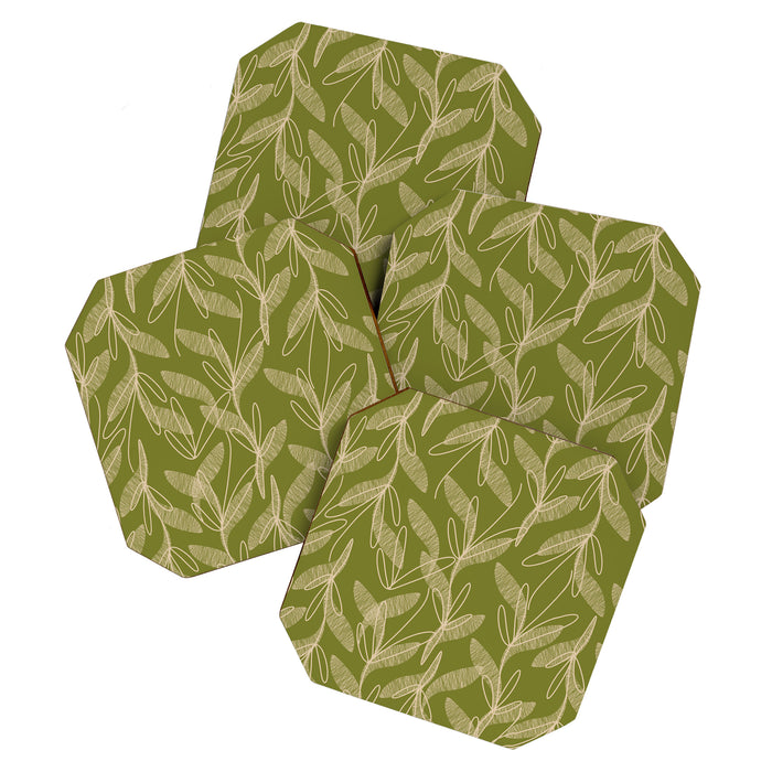 Mid Century Modern Botanical Pattern in Mid Mod Beige and Olive Green Coaster Gallery Image 1