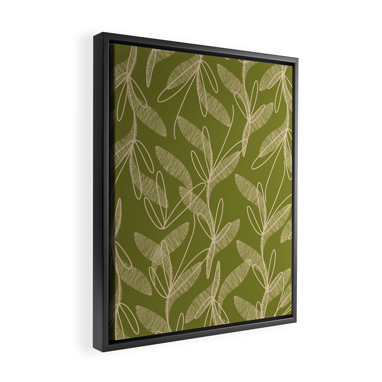 Mid Century Modern Botanical Pattern in Mid Mod Beige and Olive Green Framed Canvas Print Gallery Image 2