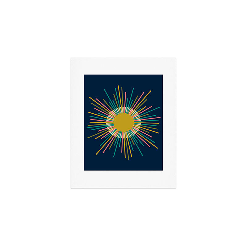 Mid Century Modern Colorful Sunburst Sun on Navy Blue Art Print Gallery Image 1