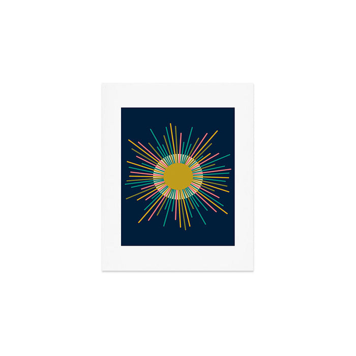 Mid Century Modern Colorful Sunburst Sun on Navy Blue Art Print Gallery Image 1